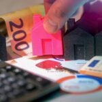 Miniature houses, Euro bills, and calculator representing real estate investment.