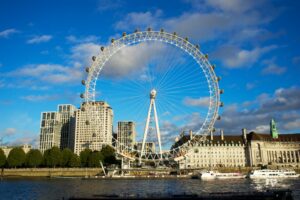Scenic view of the iconic London Eye against a blue sky, with surrounding cityscape and River Thames.